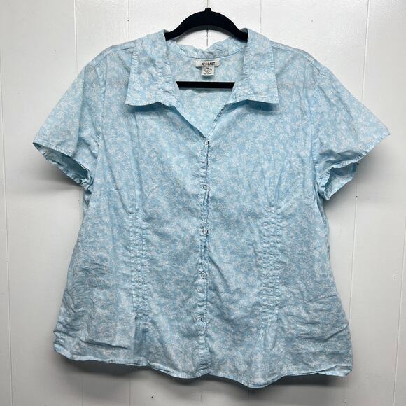 At Last Y2K Sky Blue Button Front Womens Short Sleeve Top 3X Lightweight Capsule - Picture 1 of 11